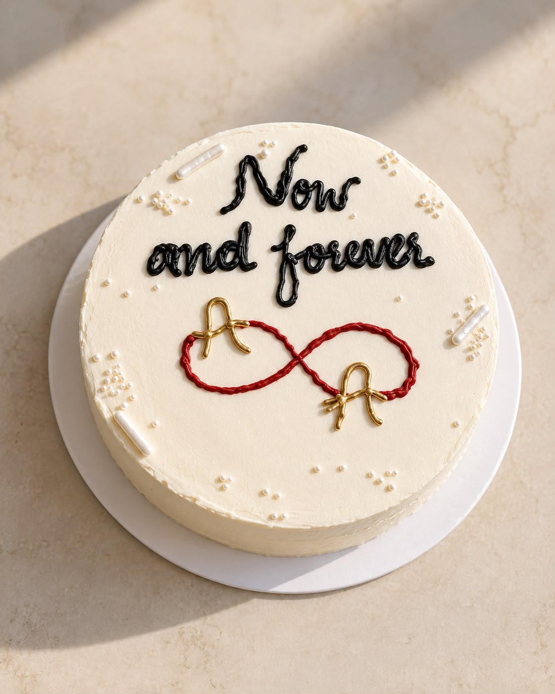 Hands decorating a premium celebration cake in a bright home kitchen