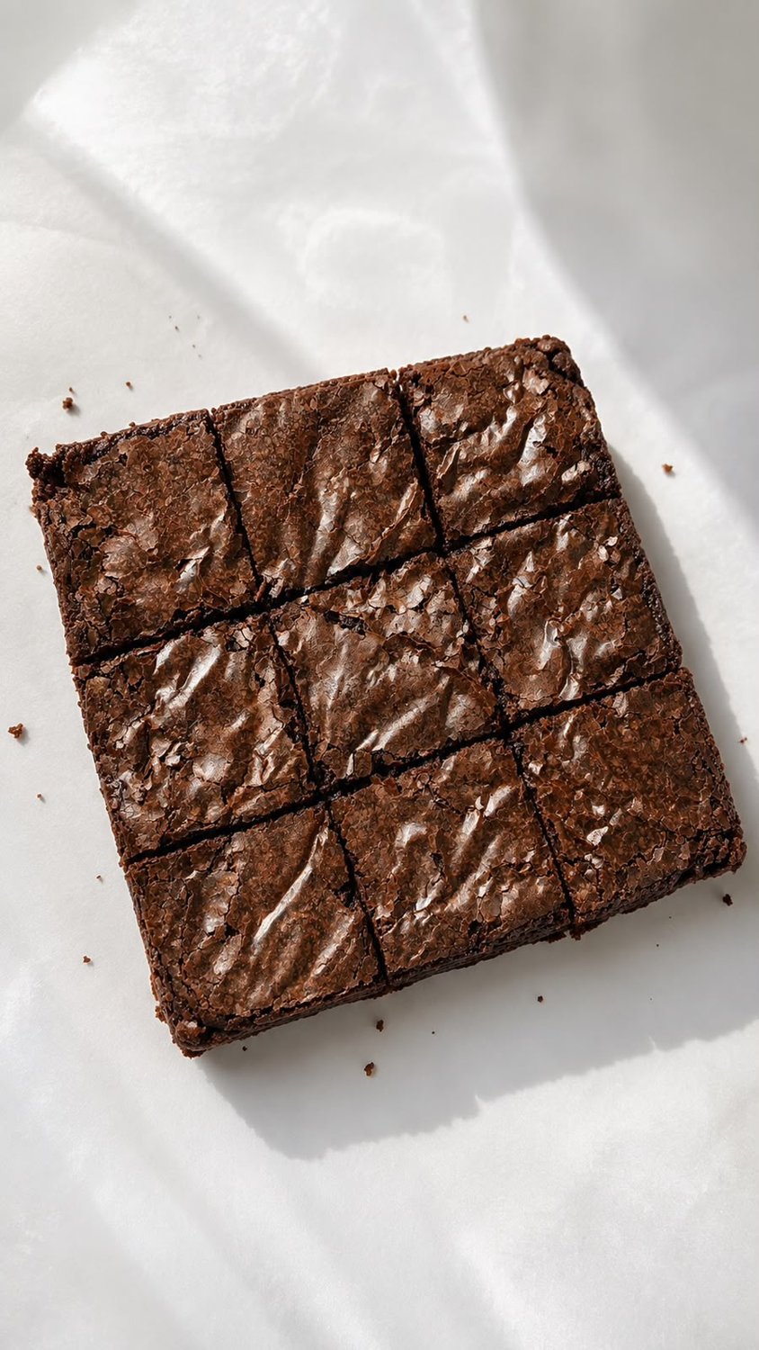 Tray of glossy crackle-top chocolate brownies